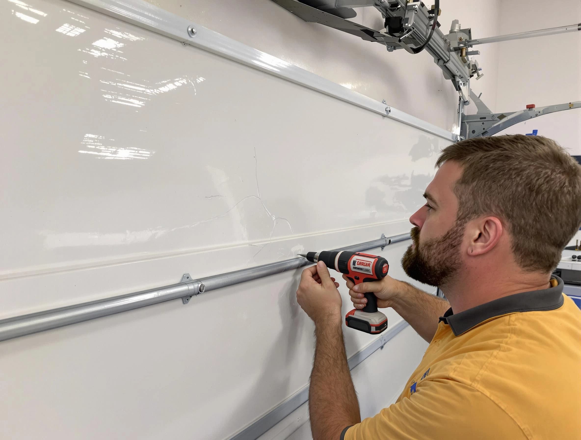 Westerville Garage Door Repair expert performing dent repair on garage door in Westerville