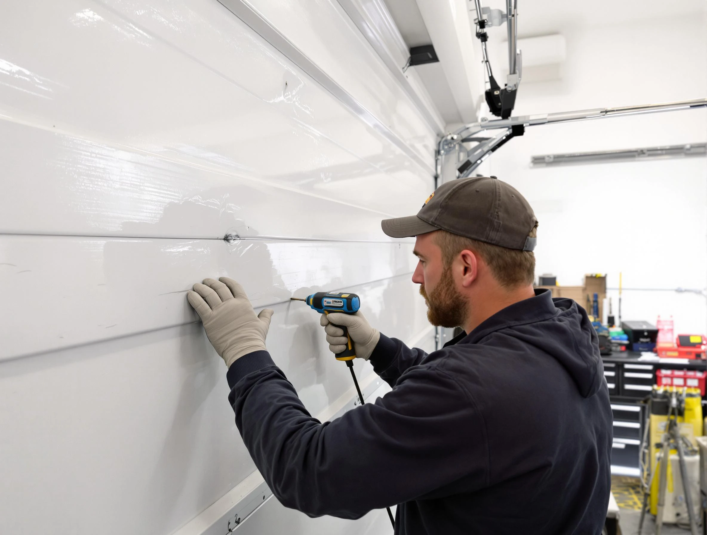 Westerville Garage Door Repair technician demonstrating precision dent removal techniques on a Westerville garage door
